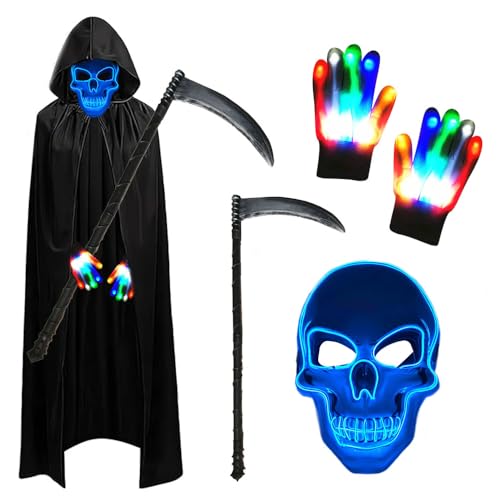 PASLFC Sensenmann Kostüm Erwachsene,Leuchtende Maske Set mit Sensemann Umhang und Sense und Glow Handschuhe,Halloween Kostüm Erwachsene,Kostüm Halloween Herren für Party Karneval Cosplay PASLFC Sensenmann Kostüm Erwachsene,Leuchtende Maske Set mit Sensemann Umhang und Sense und Glow Handschuhe,Halloween Kostüm Erwachsene,Kostüm Halloween Herren für Party Karneval Cosplay von PASLFC