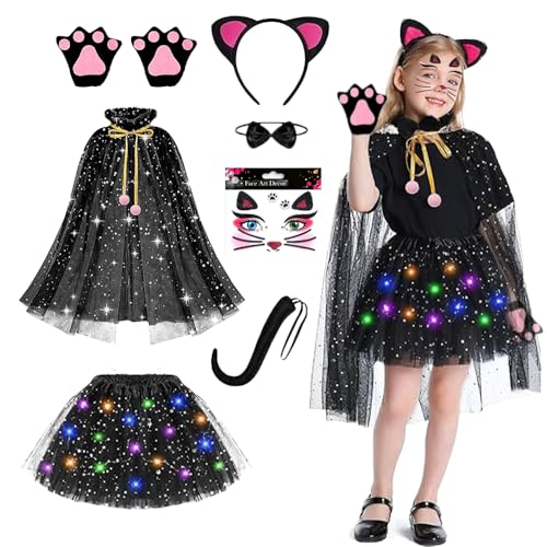 PASLFC Katzenkostüm Kinder,7 Stück Tierkostüm Kinder,Katze Tierkleid Cosplay Set,Kostümset Katze,Catwoman kostüm kinder,Tierkostüm für Mädchen für Halloween Cosplay Geburtstag Weihnachten von PASLFC