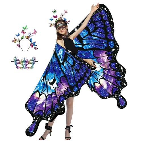 PASLFC Schmetterling Kostüm Damen Doppelseitig,Halloween Karneval Kostüm Damen Schmetterling,3 Stück Set Schmetterling Umhang Damen,Schmetterling Flügel Umhang,Schmetterlingsflügel Erwachsene von PASLFC