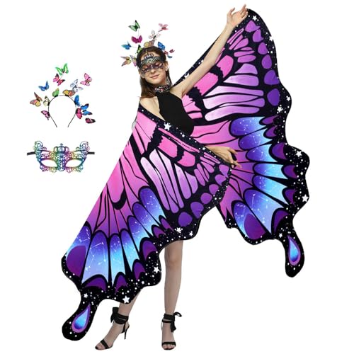 PASLFC Schmetterling Kostüm Damen Doppelseitig,Halloween Karneval Kostüm Damen Schmetterling,3 Stück Set Schmetterling Umhang Damen,Schmetterling Flügel Umhang,Schmetterlingsflügel Erwachsene von PASLFC