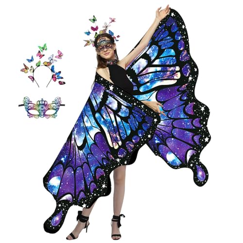 PASLFC Schmetterling Kostüm Damen Doppelseitig,Halloween Karneval Kostüm Damen Schmetterling,3 Stück Set Schmetterling Umhang Damen,Schmetterling Flügel Umhang,Schmetterlingsflügel Erwachsene von PASLFC