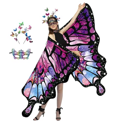 PASLFC Schmetterling Kostüm Damen Doppelseitig,Halloween Karneval Kostüm Damen Schmetterling,3 Stück Set Schmetterling Umhang Damen,Schmetterling Flügel Umhang,Schmetterlingsflügel Erwachsene von PASLFC