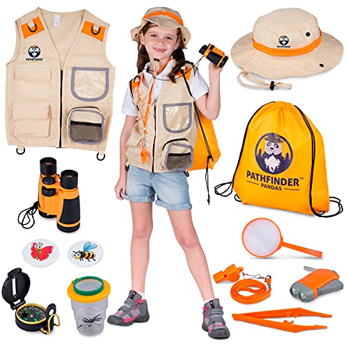 Forscherset für Kinder ab 6 & Safari Kostüm Kinder, Hut, Fernglas für Kinder, Becherlupe & Mehr - Forscher Kostüm Kinder, Insekten Kinder Tolles Outdoor Spielzeug Geschenk für Jungen Mädchen (Orange) von PATHFINDER PANDAS