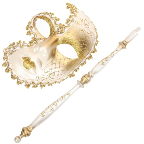 PATKAW Halloween-Maskerade-Maske Mit Haltestab Mardi-Gras-Maske Kostüm-Tanz-Party-Maske Karneval Handdekorationen Für Frauen Halloween-Kostüm Venezianische Maske Golden von PATKAW