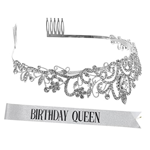 PATKAW Kronenband-set Geburtstagskrone Geburtstags-stirnband Krone Für Frauen Satinband Zum Geburtstag Krone Für Mädchen Glücklich Silbernes Stirnband Party Tiara Legierung Silver von PATKAW