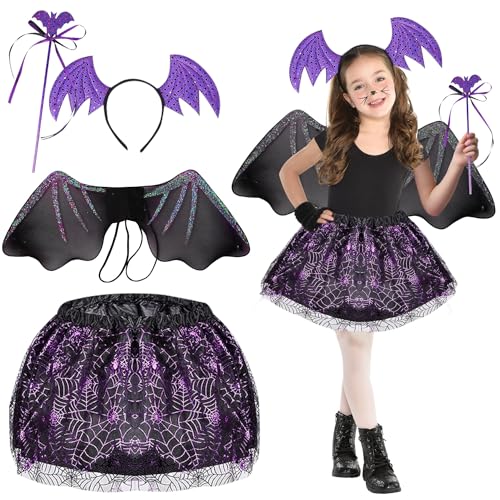 PATRICHOR Halloween Kostüm Kinder Mädchen, Halloween Fledermaus Kostüm Kinder mit Tutu, Tiara, Flügel und Zauberstab, Kinder Halloweenkostüm für Cosplay Party Karneval Fasching Mottoparty von PATRICHOR