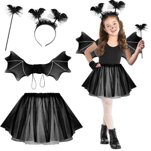 PATRICHOR Halloween Kostüm Kinder Mädchen, Halloween Fledermaus Kostüm Kinder mit Tutu, Tiara, Flügel und Zauberstab, Kinder Halloweenkostüm für Cosplay Party Karneval Fasching Mottoparty von PATRICHOR