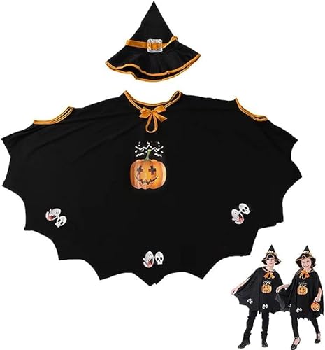 PATRICHOR Halloween Kostüm Kinder, Halloween Fledermaus Umhang mit Hut, Kürbis Kostüm Mädchen Jungen, für Halloween, Fasching, Karneval, Bühnenperformance, Themenparty, Geeignet für Höhe 90-150cm von PATRICHOR