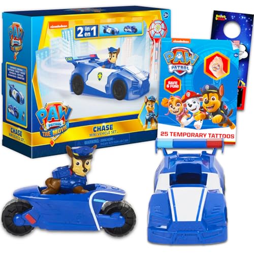 Paw Patrol Chase Mini-Filmfahrzeug-Set, 4-teiliges Set mit Paw Patrol 2-in-1-Spielzeugauto mit Chase-Plus-Tattoos, mehr | Paw Patrol Actionfiguren, Spielzeug für Kinder von PAW PATROL