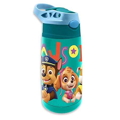 Paw Patrol Trinkflasche Stahl 450ml, Hochwertige Thermo Trinkflasche aus rostfreiem Stahl mit Push-Pull-System, Strohhalm und Verschlusskappe, KL85867, Kids Licensing von PAW PATROL