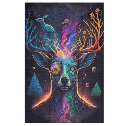 Cosmic Trippy Hirsch – Puzzle 1000 Teile, Holzpuzzle, Herausforderndes Geschicklichkeitsspiel Für Die Ganze Familie, Kinder Erwachsenenpuzzle Ab 12 Jahren （78×53cm） von PAZZK