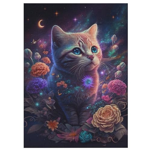 Holzpuzzles 300 Teile Katze and Flower -Puzzle Für Jungen Und Mädchen, Schwierigkeitsgrad, Lernspiele, Familienspielzeug （42×30cm） von PAZZK