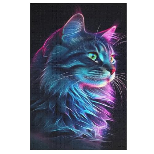 Neon Katze Dark – Puzzle 1000 Teile, Holzpuzzle, Herausforderndes Geschicklichkeitsspiel Für Die Ganze Familie, Kinder Erwachsenenpuzzle Ab 12 Jahren （78×53cm） von PAZZK