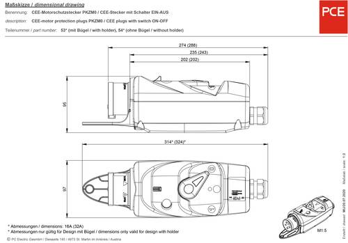 PCE 54015016 CEE Motorschutzstecker 16A 5polig 400V 1St. von PCE