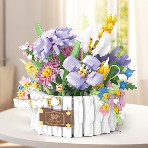 Blumenstrauß-Bauset, Korb mit LED-Lichterkette, 3D-Puzzles für Erwachsene, kreative Blumen, Bausteine, Spielzeug-Dekoration für Zuhause, Büro, kreatives Geschenk (lila) von PDOOR