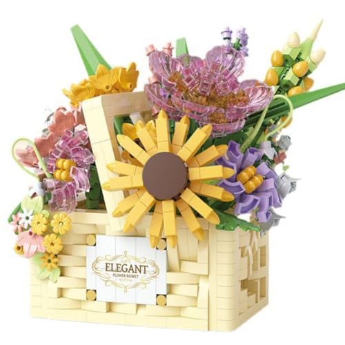 PDOOR Blumenstrauß-Bauset, Korb mit LED-Lichterkette, 3D-Puzzles für Erwachsene, kreative Blumen, Bausteine, Spielzeug-Dekoration für Zuhause, Büro, kreatives Geschenk (Sonnenblume) von PDOOR