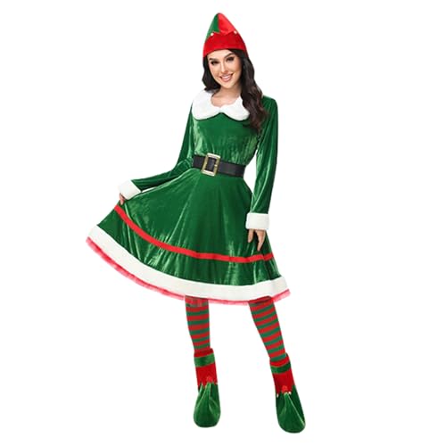 PDYLZWZY Elfenkostüm für Damen, Weihnachtsoutfit, Kleid für Erwachsene, 2 teilig, süßer Weihnachtsmann-Elfen-Weihnachtsanzug mit Gürtel (Green, M) von PDYLZWZY