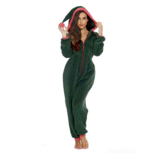 PDYLZWZY Damen Santa Kostüm Mrs. Claus Kostüm Sexy Santa Weihnachten Kapuzen Overall Outfit Cosplay Erwachsene Fleece Pyjamas Nachtwäsche (Green#1, XXL) von PDYLZWZY