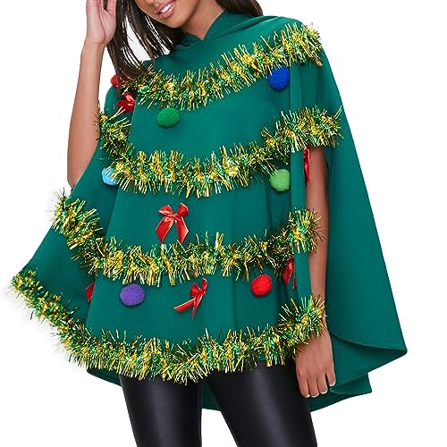 PDYLZWZY Damen Weihnachtsbaum Kostüm Schleife Ball Dekor Kapuzenumhang Umhang Weihnachtsbaum Poncho für Party Cosplay (Green, L) von PDYLZWZY