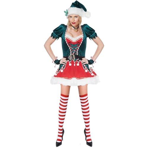 PDYLZWZY Damen-Weihnachtselfen-Kostüm, Frau Claus, Erwachsener, Weihnachtsmann-Helfer-Outfit, kurzärmeliges Kleid mit Gürtel, niedlicher Hut, gestreiftes Strumpf-Set für Cosplay (Army Green, L) von PDYLZWZY