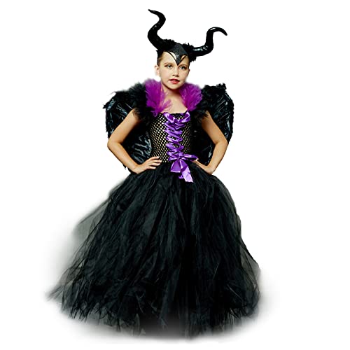 PDYLZWZY Halloween Kinder Mädchen Maleficent Kostüm Hexenkostüm Deluxe Bösewicht Tüllkleid mit Hexenhorn-Stirnband-Set (Black , 6-7T ) von PDYLZWZY