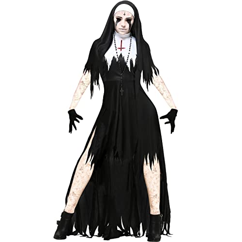 PDYLZWZY Halloween Nonne Kostüm Gruselige Nonne Outfit Traditionelle Erwachsene Schwester Schwarz Robe Uniform und Hut Phantasievolle Kleidung Halloween Cosplay (Black, L) von PDYLZWZY