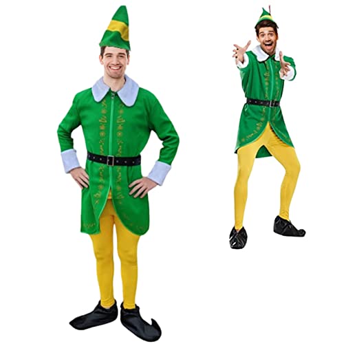 PDYLZWZY Herren Weihnachten Elf Kostüm Deluxe Santa Anzug Erwachsene Kostüme Urlaub Halloween Cosplay Set 6 Stück Mantel Hut Hose Gürtel (A, XXL) von PDYLZWZY