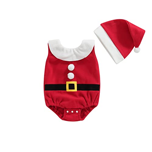 PDYLZWZY Kleinkind-Baby-Santa-Kostüm, ärmelloser Strampler mit Rüschenkragen, Bommel vorne und Weihnachtsmütze, Weihnachts-Outfits, Samt-Strampler für Kleinkinder (Red, 6-12 Months) von PDYLZWZY