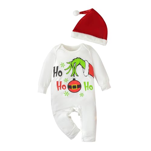 PDYLZWZY Kleinkind Baby Weihnachten Grinch Overall Cartoon Schneeflocke Print Langarm Strampler + Hut Santa Onesie Grünes Monster Kostüm (White, 3-6 Months) von PDYLZWZY