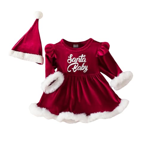 PDYLZWZY Neugeborenes Baby Mädchen Weihnachtsspielanzug Kleid Weihnachtsmann Kostüm Outfit Langarm Samt Weihnachtsmann Kleid Strampler + Mütze Säuglingsweihnachtskleidung (Red, 3-6 Months) von PDYLZWZY