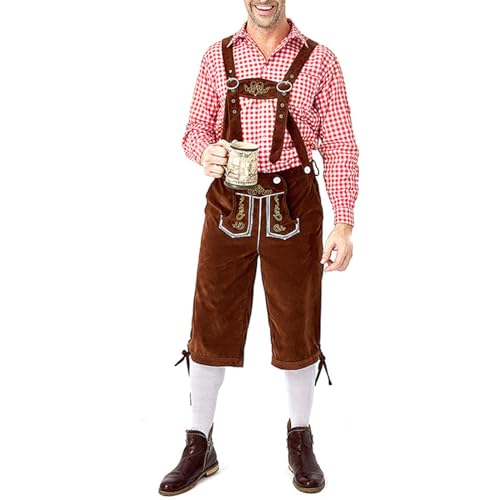 PDYLZWZY Oktoberfest-Kostüm für Herren, klassisches Lederhosen-Kostüm, Cosplay-Outfits für Bierfest, Herren-Oktoberfest, deutsche bayerische Trachten, Lederhosen, Bundhosen-Kostüm (Red, M) von PDYLZWZY