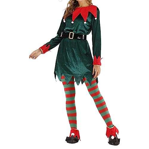PDYLZWZY Weihnachts-Elf-Kostüm-Set für Damen, Weihnachtsmann-Helfer-Kostüm mit Elfenhut, Schuhen, Strümpfen, Feiertags-Elfenkostüm für Erwachsene, Elfenkleid (Multicolor, L) von PDYLZWZY