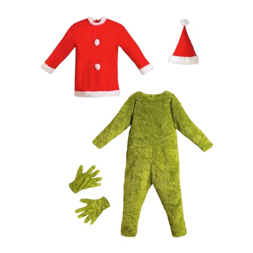 PDYLZWZY Weihnachtsmonster-Kostüm, langärmliges Patchwork-Oberteil mit pelzigem Overall, Hut und Handschuhen, Cosplay-Grench-Santa-Kostüm (Multicolor, S) von PDYLZWZY