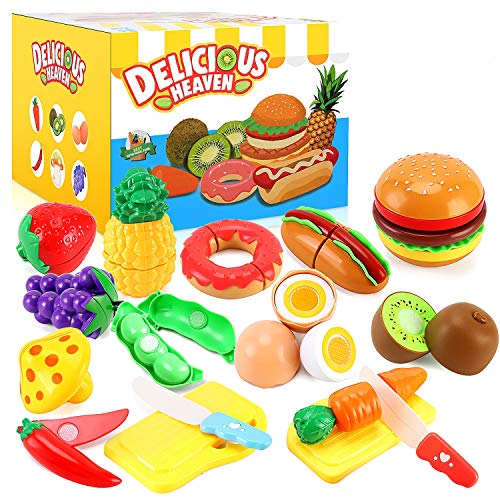 PEAINBOX Küchenspielzeug für Kinder 33PCS, Lebensmittel Spielzeug mit Hamburger, Obst und Gemüse, Kinder Rollenspiel Lernspielzeug Geschenk für Jungen Mädchen von PEAINBOX