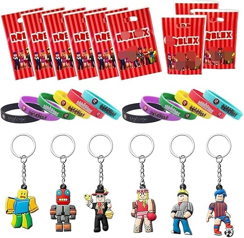 PEAJPBS 48 Stück Cartoon Schlüsselanhänger Spielzeug, Schlüsselbund Set Enthält 12 Armbänder Und 6 Schlüsselanhänger und 30 Geschenktüten Mitbringsel Kindergeburtstag, Pinata Füllung Give Aways von PEAJPBS