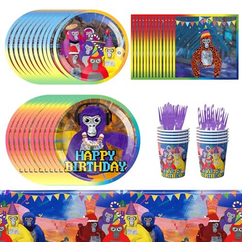 Papier-Dekorationen Geburtstag Thema Party Supplies Affe Party Utensilien Pappteller Kindergeburtstag Partygeschirr Für10 Gäste ，Messer Pappteller Mit Tassen Servietten Strohhalme von PEAJPBS