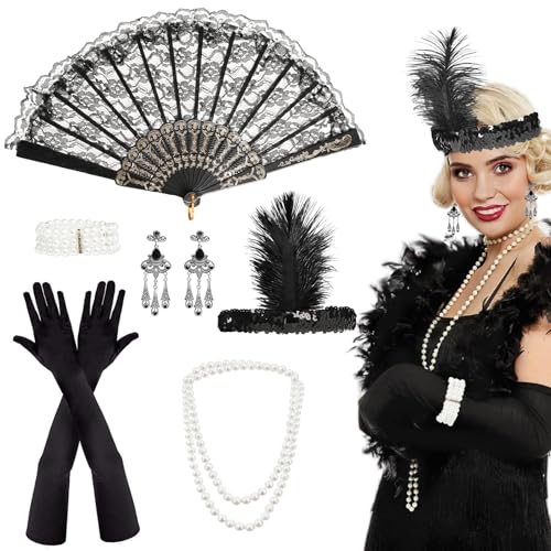 7PCS 1920er Jahre Kostüm Damen Set, Great Gatsby Accessoires Damen, 20er Mode Mafia Kostüm Damen Mit Stirnbänder Handschuhe Halsketten Ohrringe Faltbare Fächer Faschingskostüme Für Party Abschlussball von PEAKTOP