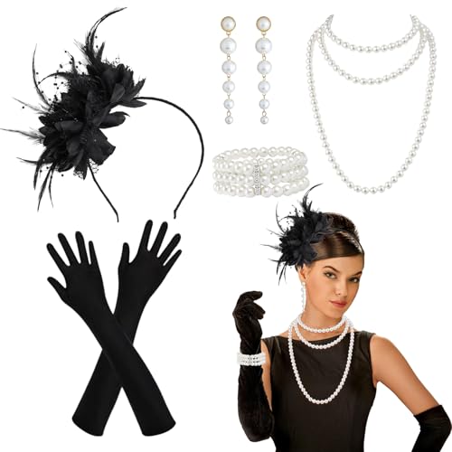 PEAKTOP 6PCS Great Gatsby Accessoires Damen Set, 1920er Jahre Kostüm Damen, 20er Jahre Accessoires Damen Mit Haarbänder Handschuhe Ohrringe Halsketten Elegant Party Abschlussball von PEAKTOP