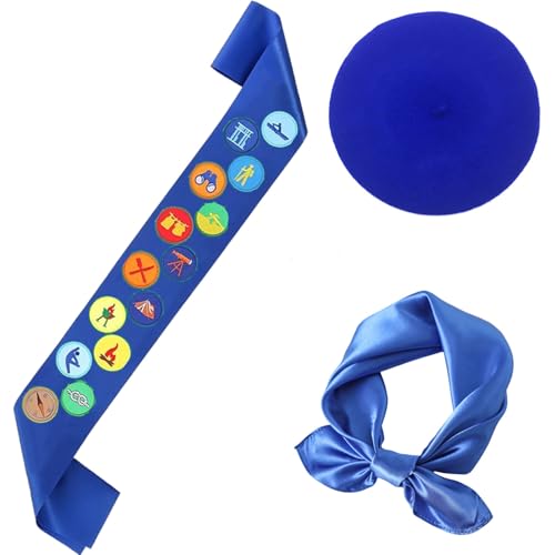 PEARLUTO Pfadfinder-Rollenspiel-Set, Pfadfinder Schärpe Satz, Pfadfinder Kostüm, Pfadfinder Abzeichen Button, Bestickter Aufnäher Mit Satin-Schärpe, Party-Dekorationen, Diy-Zubehör (Blau) von PEARLUTO