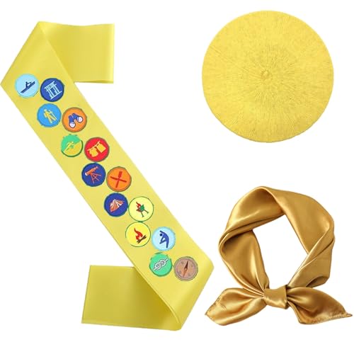 PEARLUTO Pfadfinder-Rollenspiel-Set, Pfadfinder Schärpe Satz, Pfadfinder Kostüm, Pfadfinder Abzeichen Button, Bestickter Aufnäher Mit Satin-Schärpe, Party-Dekorationen, Diy-Zubehör (Gelb) von PEARLUTO