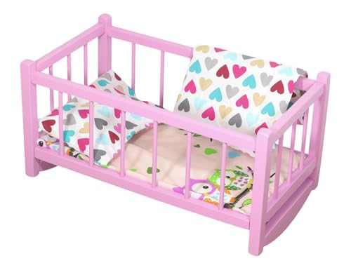 HOLZWIEGE für Puppen rosa Bett mit Matratze und Bettwäsche in großem Herzen von PEEWIT