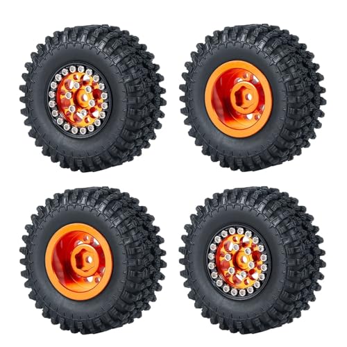 PEGGYLIN 4 Stück 1,0 Zoll Metall-Beadlock-Felgen mit 50/54 mm Gummireifen passend for Axial SCX24 1/24 TRX4M 1/18 RC Crawler Car(A 50mm Orange Set) von PEGGYLIN