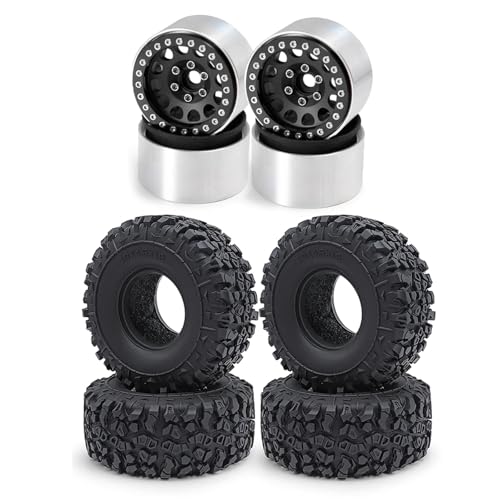 PEGGYLIN 4 Stück 1,9 Zoll Beadlock-Metallfelgen mit Gummireifen passend for Axial SCX10 TRX-4 D90 1/10 RC Crawler Auto-LKW-Modell(Black 4Set) von PEGGYLIN