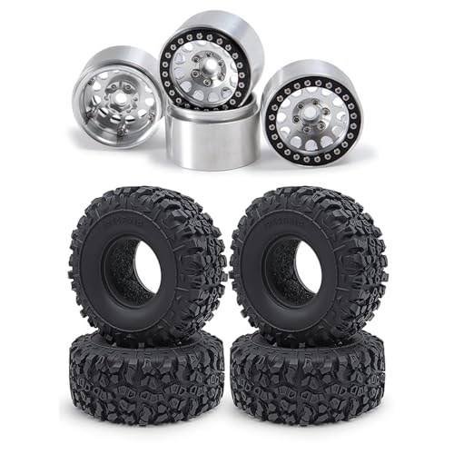 PEGGYLIN 4 Stück 1,9 Zoll Beadlock-Metallfelgen mit Gummireifen passend for Axial SCX10 TRX-4 D90 1/10 RC Crawler Auto-LKW-Modell(Silver Black 4Set) von PEGGYLIN