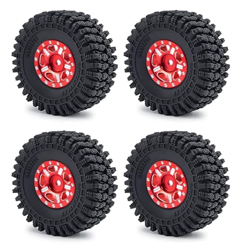 PEGGYLIN 4 Stück Metall-Beadlock-Felgen + 58-mm-Gummireifen passend for TRX-4M Bronco Defender 1/18 Axial SCX24 1/24 RC Auto-LKW-Modell(58mm Red Type6) von PEGGYLIN