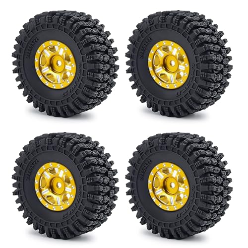 PEGGYLIN 4 Stück Metall-Beadlock-Felgen + 58-mm-Gummireifen passend for TRX-4M Bronco Defender 1/18 Axial SCX24 1/24 RC Auto-LKW-Modell(58mm Yellow Type 6) von PEGGYLIN