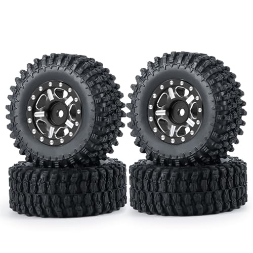 PEGGYLIN 4 Stück Micro 1,0 Zoll Metall Beadlock Felgen Naben Gummireifen Set passend for Axial SCX24 1/24 RC Crawler Auto LKW Modellteile(Black 50mm Set) von PEGGYLIN