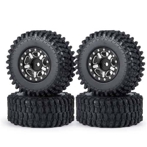 PEGGYLIN 4 Stück Micro 1,0 Zoll Metall Beadlock Felgen Naben Gummireifen Set passend for Axial SCX24 1/24 RC Crawler Auto LKW Modellteile(Black 54mm Set) von PEGGYLIN