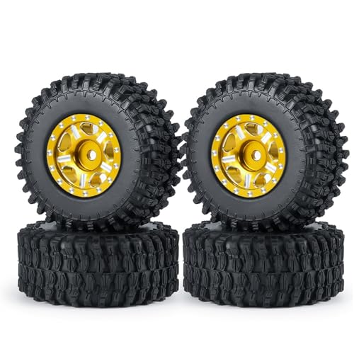 PEGGYLIN 4 Stück Micro 1,0 Zoll Metall Beadlock Felgen Naben Gummireifen Set passend for Axial SCX24 1/24 RC Crawler Auto LKW Modellteile(Gold 54mm Set) von PEGGYLIN