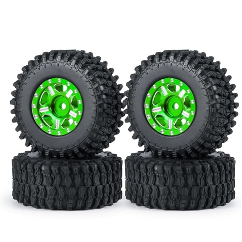 PEGGYLIN 4 Stück Micro 1,0 Zoll Metall Beadlock Felgen Naben Gummireifen Set passend for Axial SCX24 1/24 RC Crawler Auto LKW Modellteile(Green 54mm Set) von PEGGYLIN